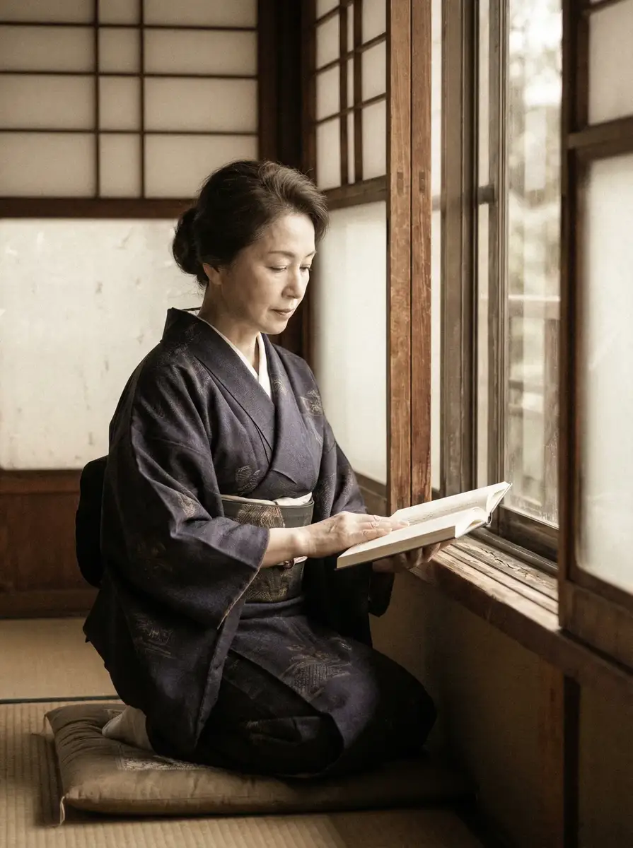 一位优雅的五十岁 gogogo日本免费观看 身穿深蓝色和服，在窗边静读